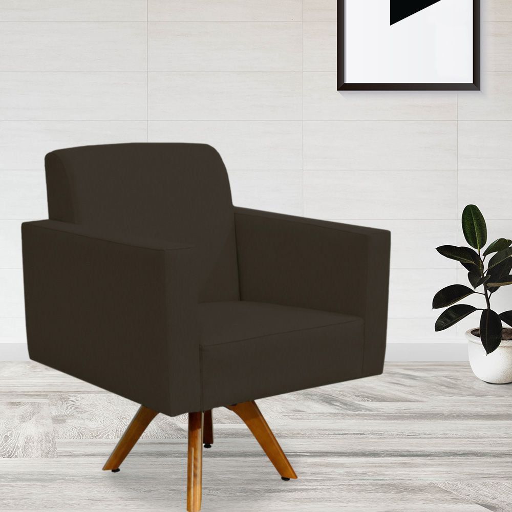 Kit 02 Poltronas Decorativas Giratória Sala de Estar Base de Madeira Helô L02 Suede Marrom - Lyam Decor