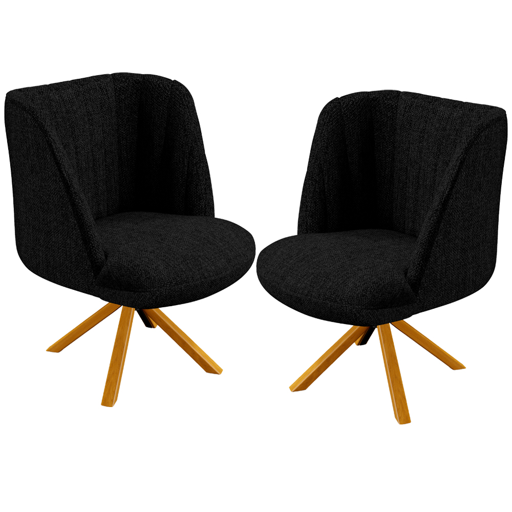 Kit 02 Poltronas Decorativas Munique D02 Base Giratória de Madeira Linho Chumbo C-465 - Lyam Decor