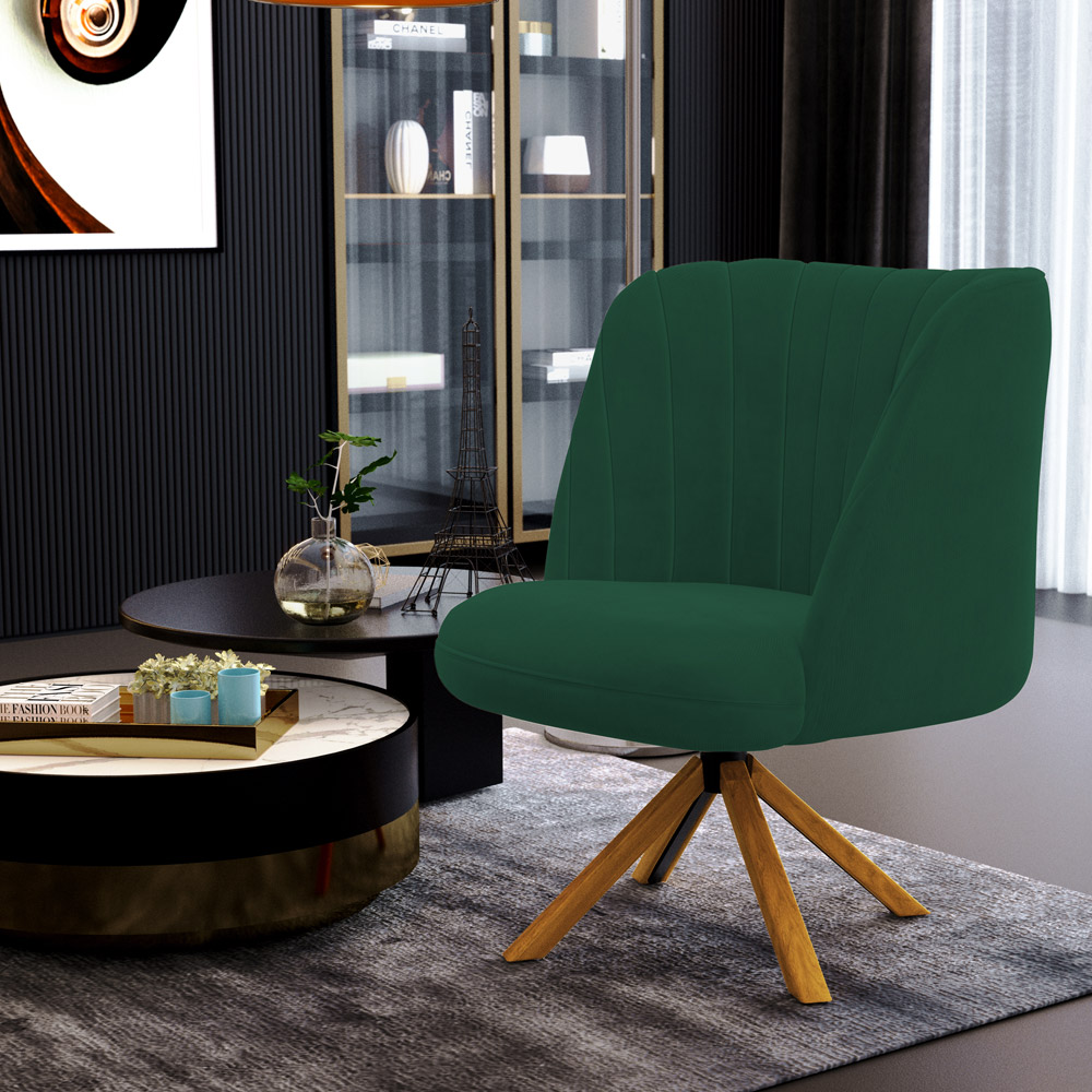 Kit 02 Poltronas Decorativas Munique D02 Base Giratória de Madeira Veludo Verde C-303 - Lyam Decor