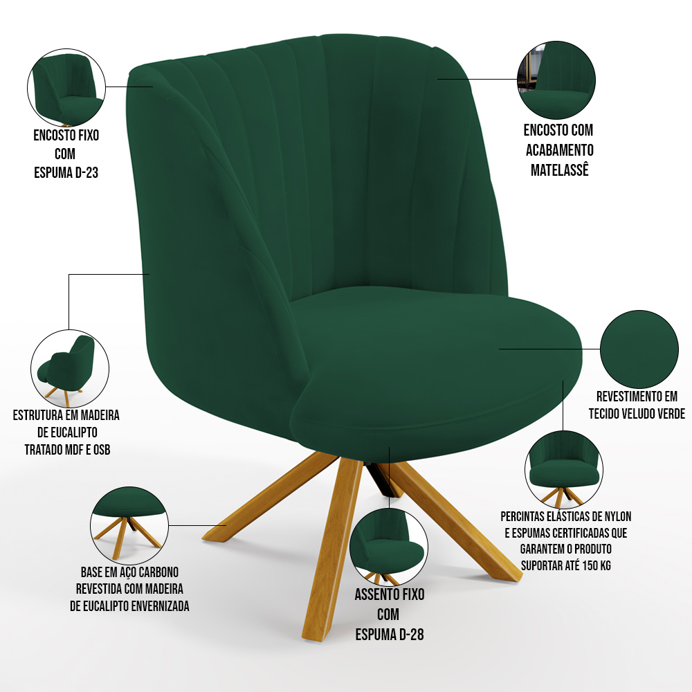 Kit 02 Poltronas Decorativas Munique D02 Base Giratória de Madeira Veludo Verde C-303 - Lyam Decor