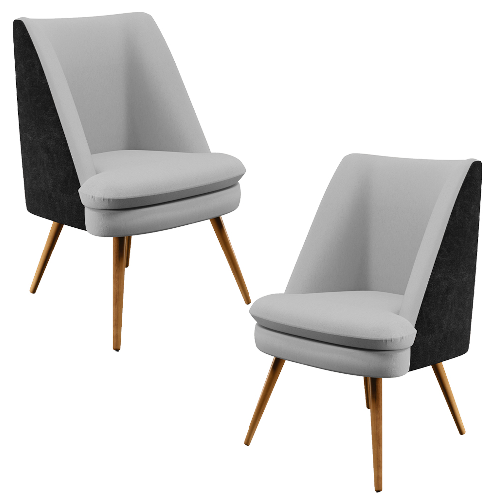 Kit 02 Poltronas Decorativas Pérsia  Pés Palito D02 Linho Cinza D-315 Corano Preto B-97 - Lyam Decor