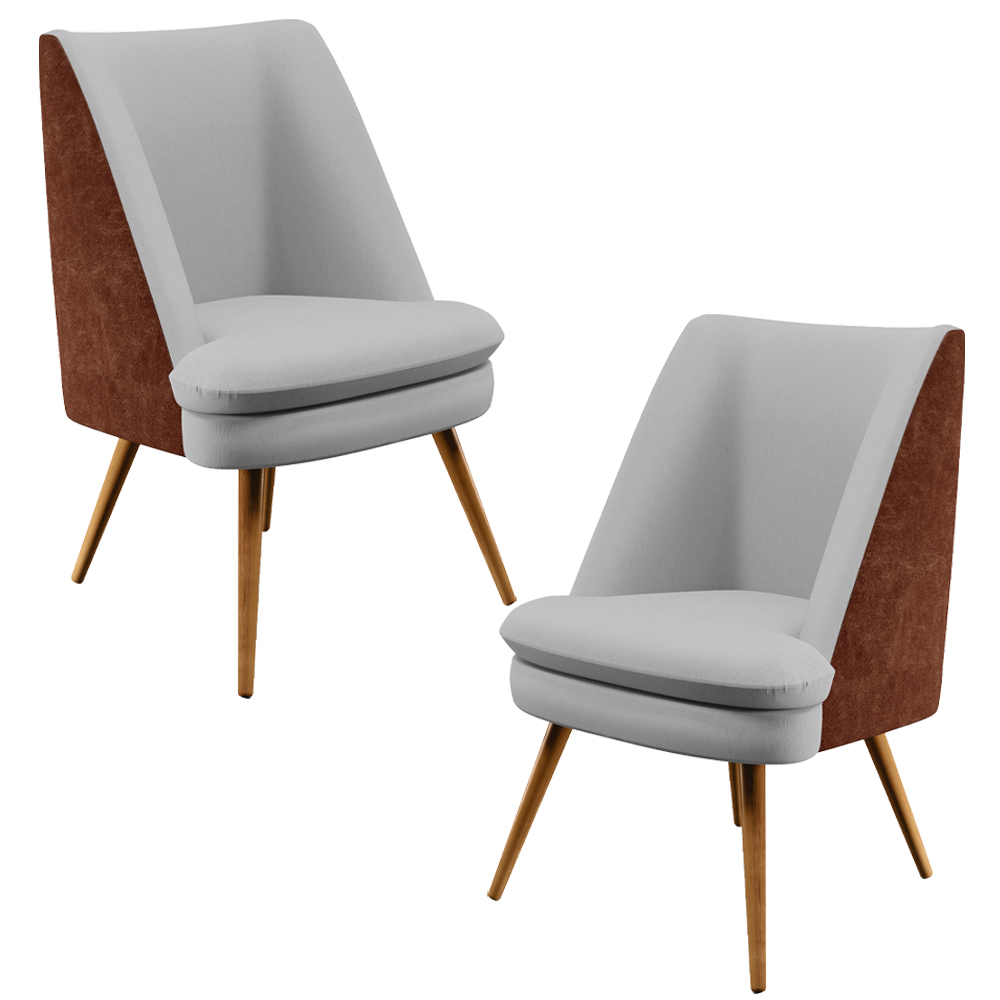 Kit 02 Poltronas Decorativas Pérsia Pés Palito D02 Linho Cinza D-315 Corano Marrom B-38 - Lyam Decor