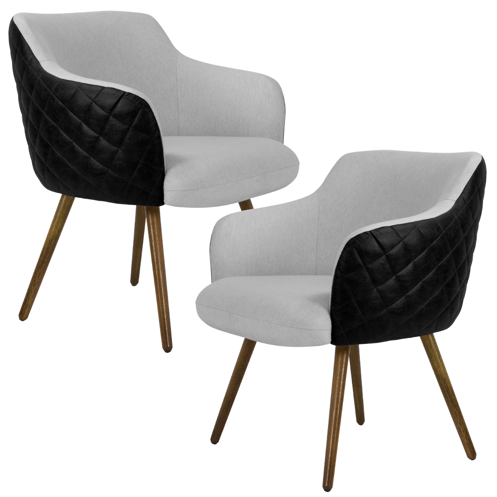 Kit 02 Poltronas Decorativas Pés Palito Jade D02 Linho Cinza C-315 Tressê Corano Preto - Lyam Decor