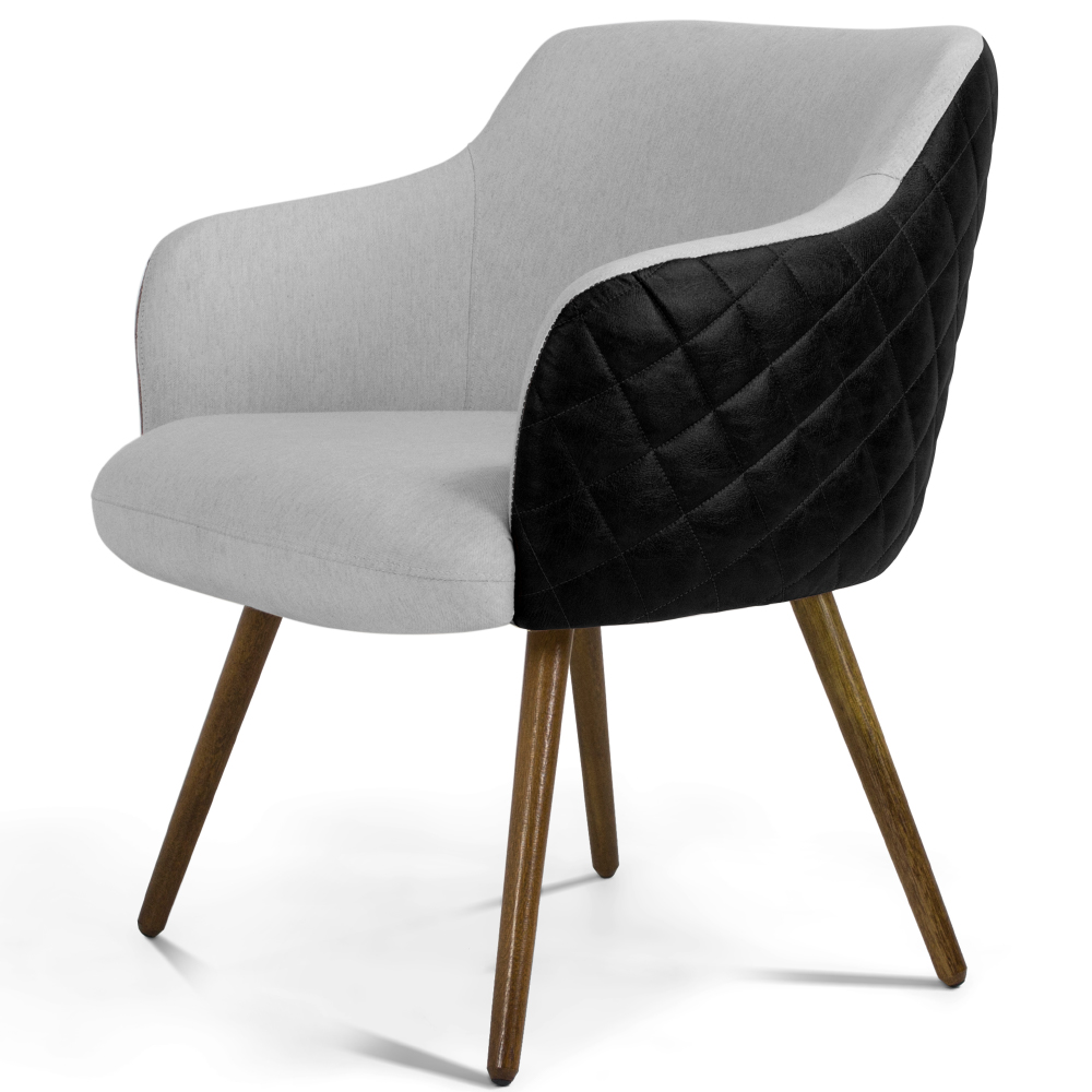 Kit 02 Poltronas Decorativas Pés Palito Jade D02 Linho Cinza C-315 Tressê Corano Preto - Lyam Decor