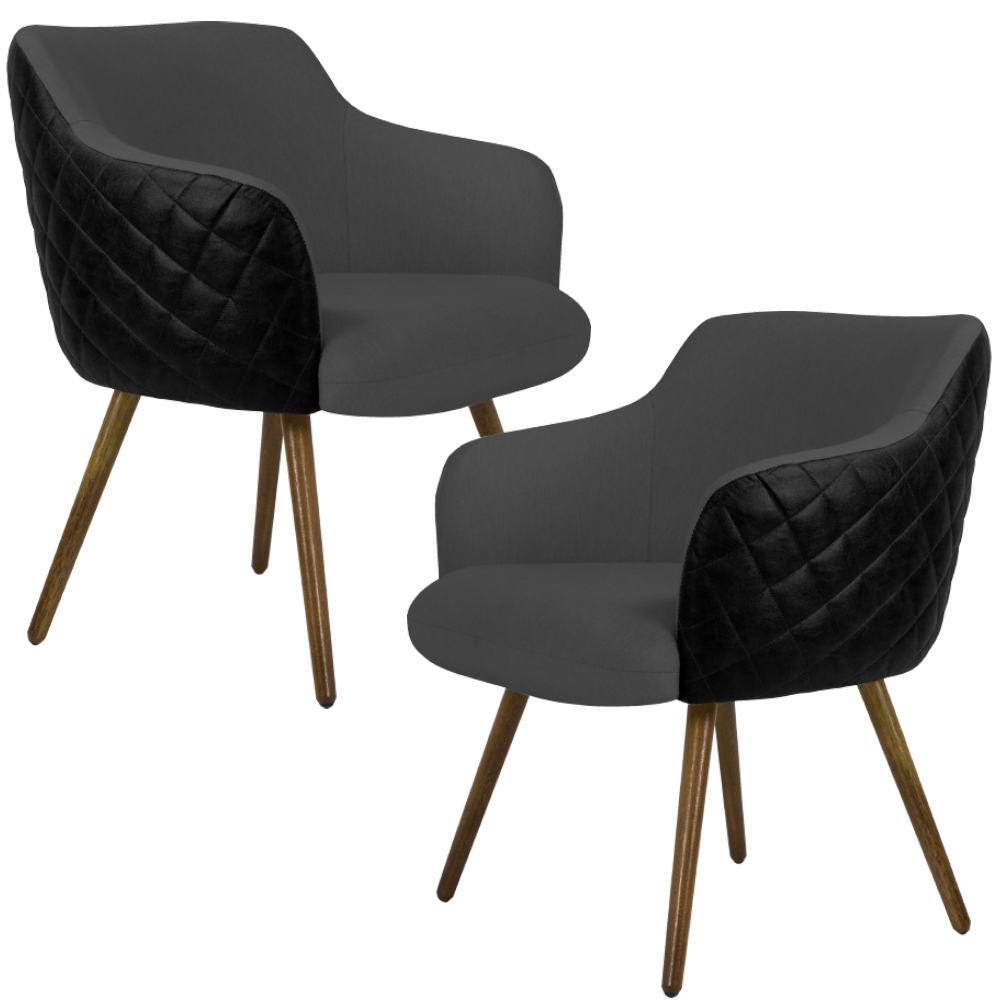 Kit 02 Poltronas Decorativas Pés Palito Jade D02 Linho Cinza C-416 Tressê Corano Preto - Lyam Decor