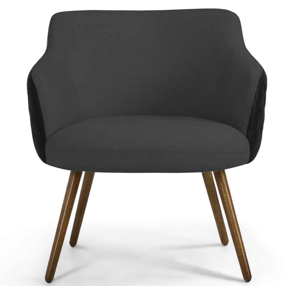 Kit 02 Poltronas Decorativas Pés Palito Jade D02 Linho Cinza C-416 Tressê Corano Preto - Lyam Decor