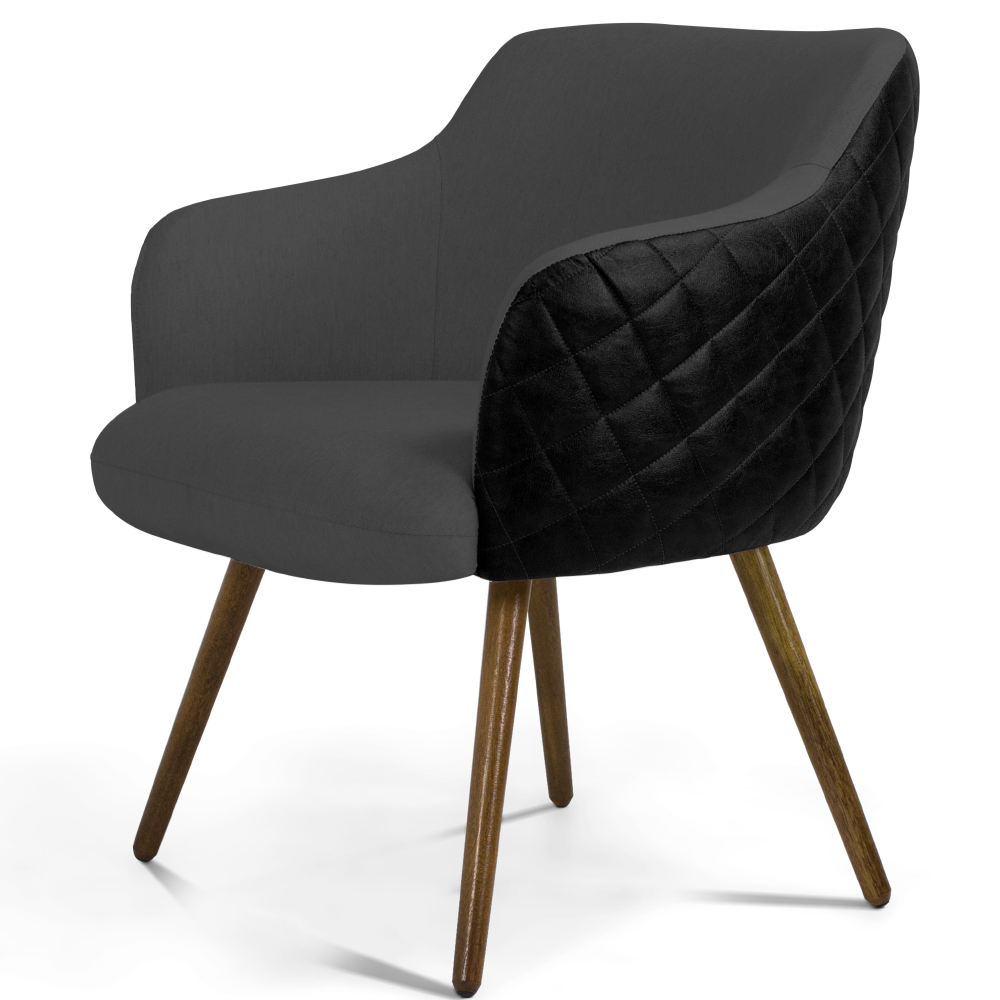 Kit 02 Poltronas Decorativas Pés Palito Jade D02 Linho Cinza C-416 Tressê Corano Preto - Lyam Decor