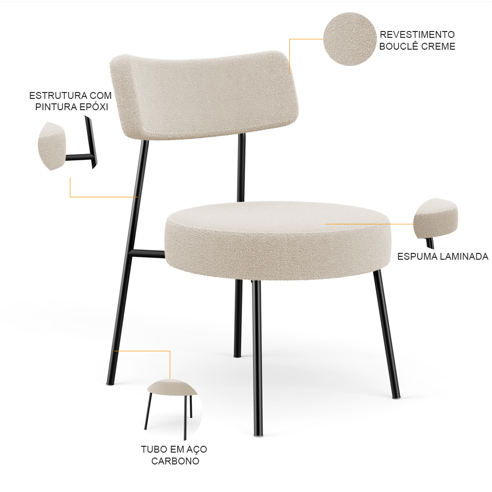 Kit 02 Poltronas Decorativas Para Sala De Estar Base Fixa Londres L02 Bouclê Creme - Lyam