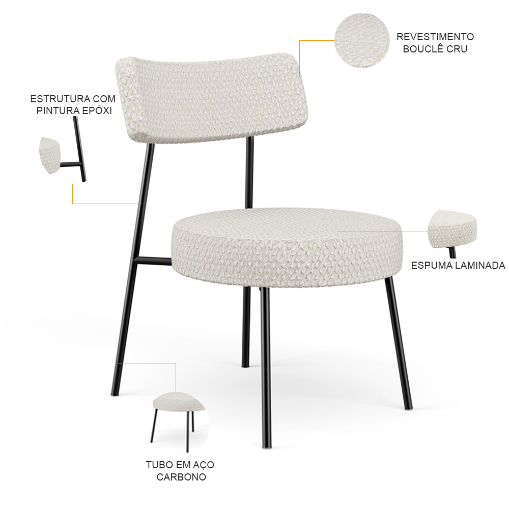 Kit 02 Poltronas Decorativas Para Sala De Estar Base Fixa Londres L02 Bouclê Cru - Lyam