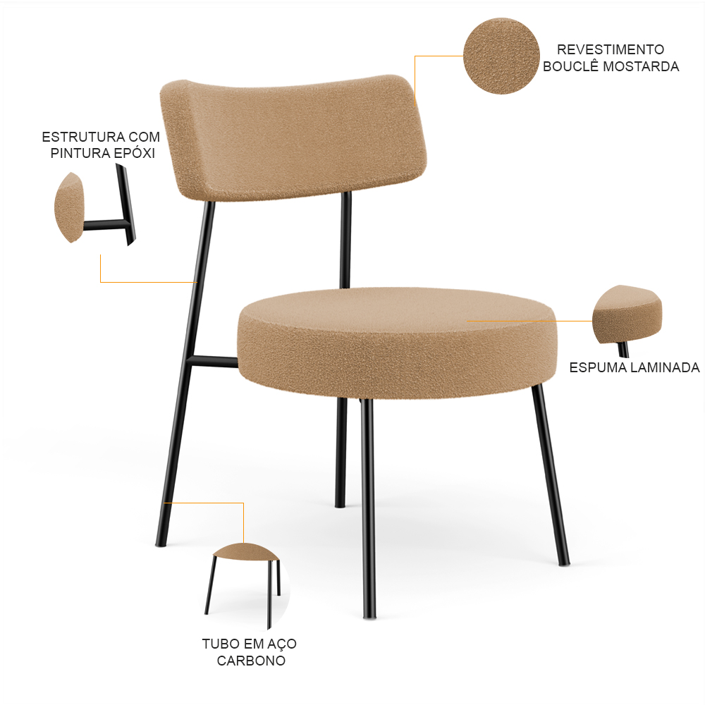 Kit 02 Poltronas Decorativas Para Sala De Estar Base Fixa Londres L02 Bouclê Mostarda - Lyam