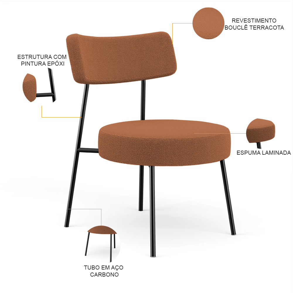 Kit 02 Poltronas Decorativas Para Sala De Estar Base Fixa Londres L02 Bouclê Terracota - Lyam