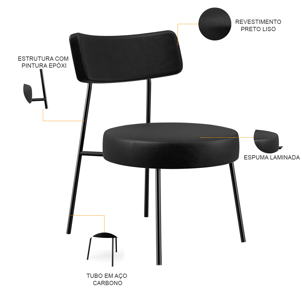 Kit 02 Poltronas Decorativas Para Sala De Estar Base Fixa Londres L02 Couríssimo Preto - Lyam Decor