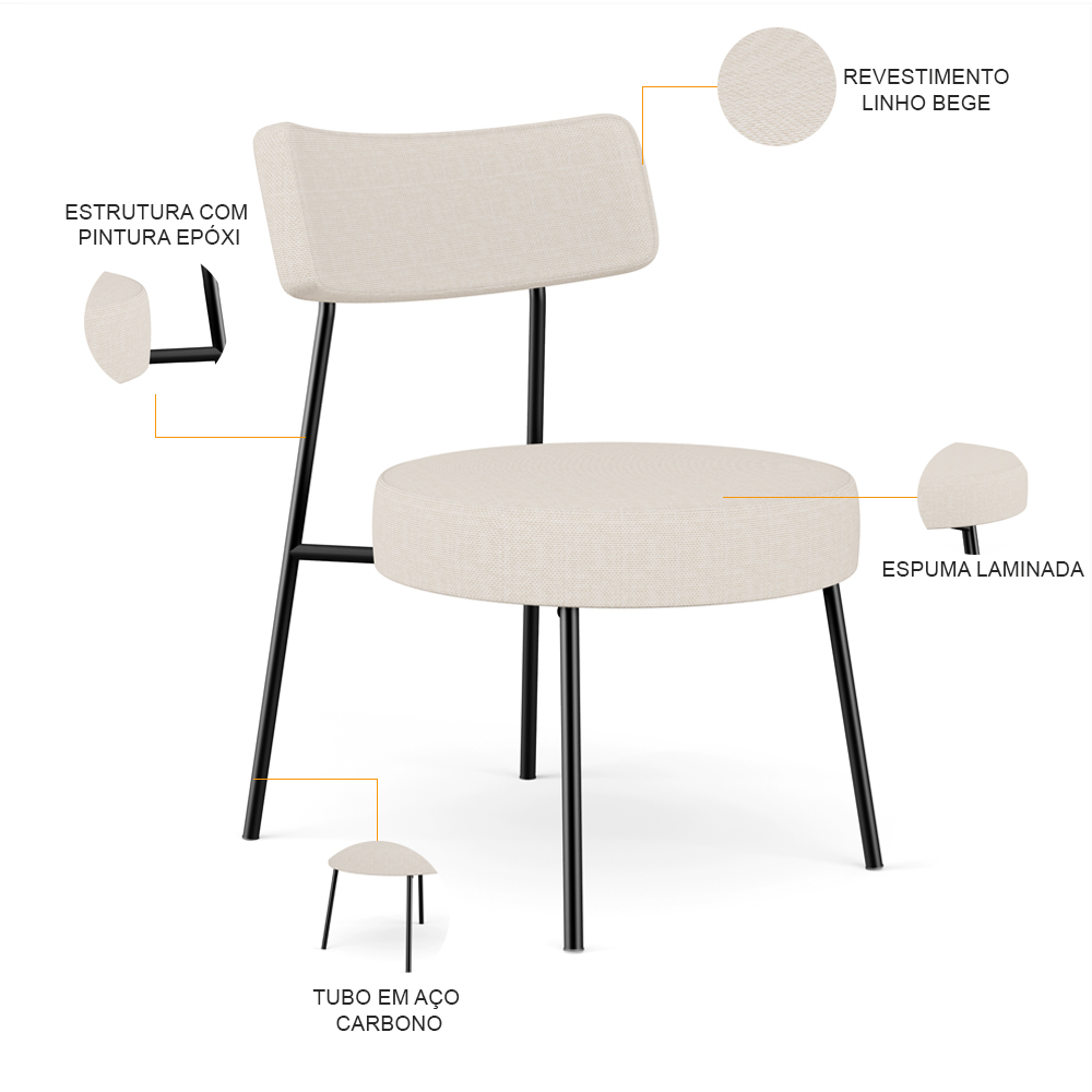 Kit 02 Poltronas Decorativas Para Sala De Estar Base Fixa Londres L02 Linho Bege - Lyam