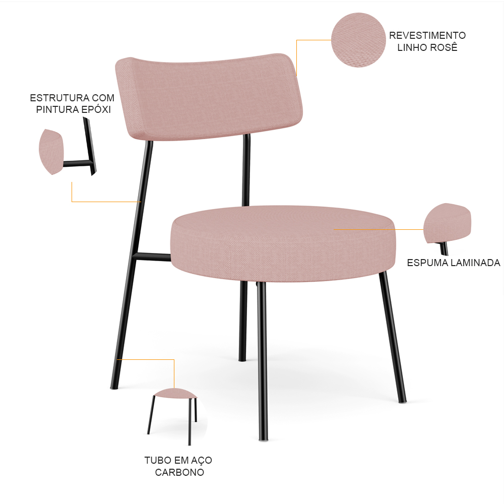 Kit 02 Poltronas Decorativas Para Sala De Estar Base Fixa Londres L02 Linho Rosê - Lyam