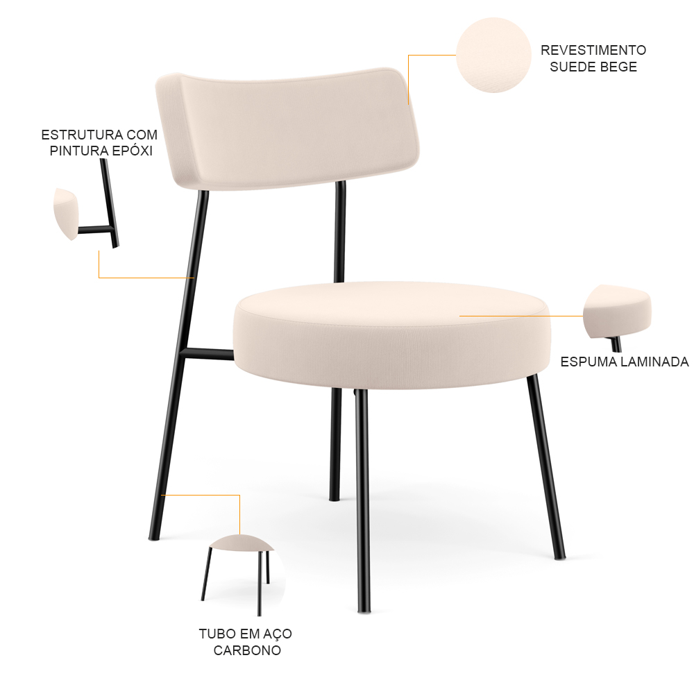 Kit 02 Poltronas Decorativas Para Sala De Estar Base Fixa Londres L02 Suede Bege - Lyam