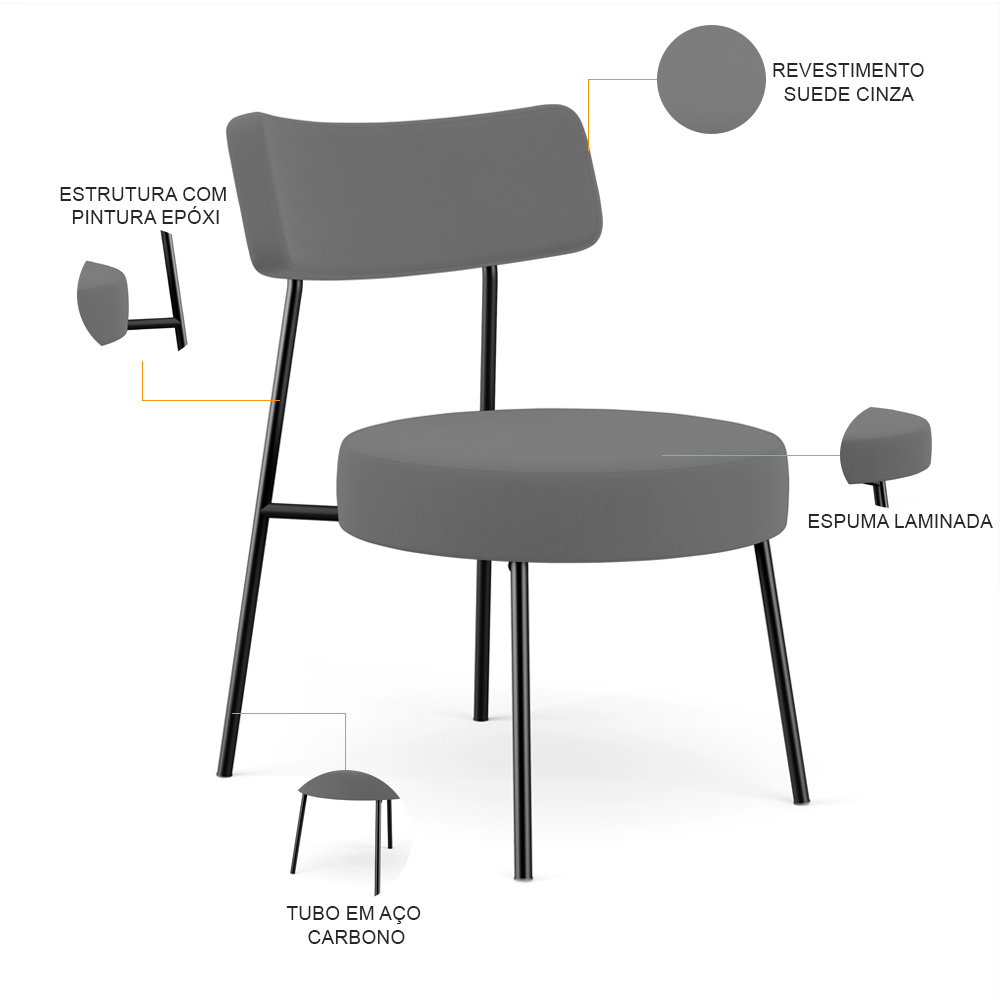 Kit 02 Poltronas Decorativas Para Sala De Estar Base Fixa Londres L02 Suede Cinza - Lyam