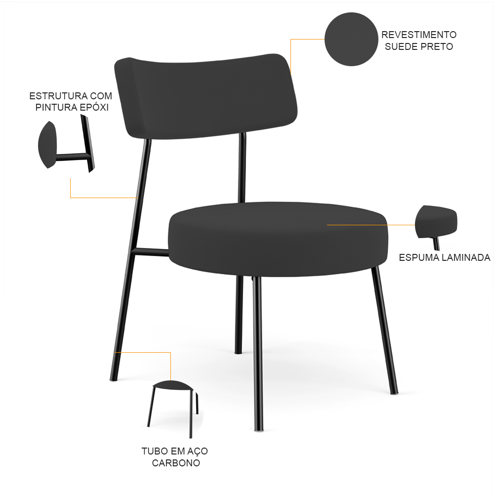 Kit 02 Poltronas Decorativas Para Sala De Estar Base Fixa Londres L02 Suede Preto - Lyam