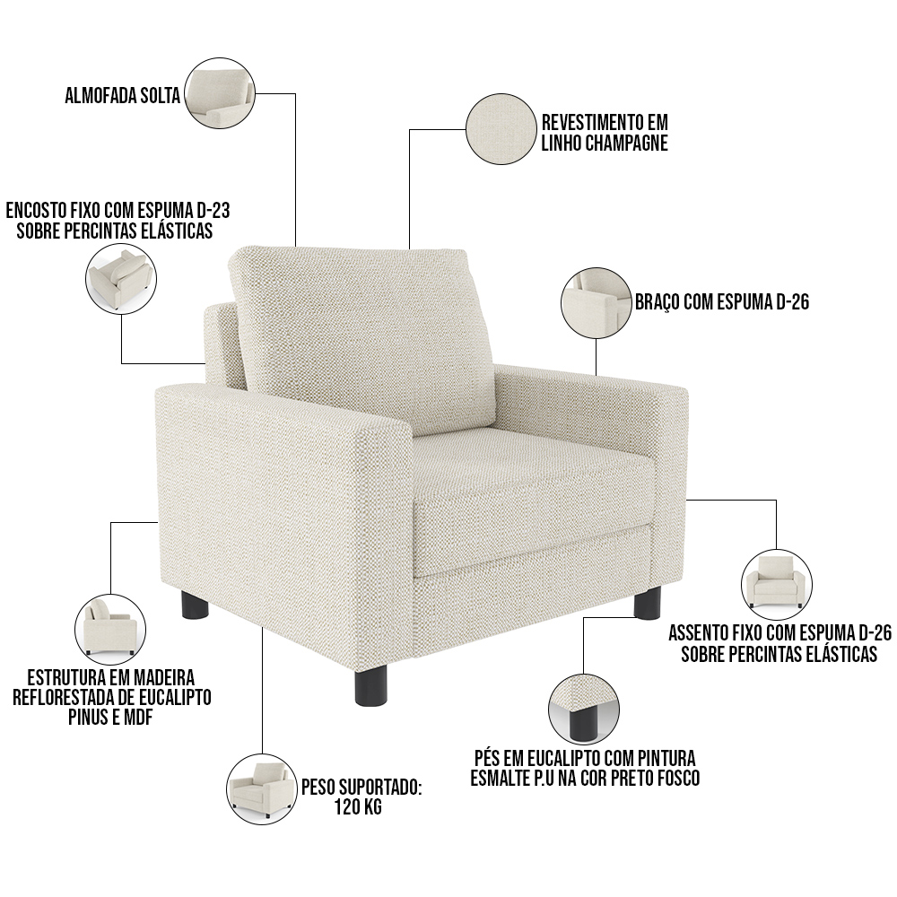 Kit 02 Poltronas Decorativas Para Sala De Estar E Recepção Malta L02 Linho Champagne - Lyam Decor