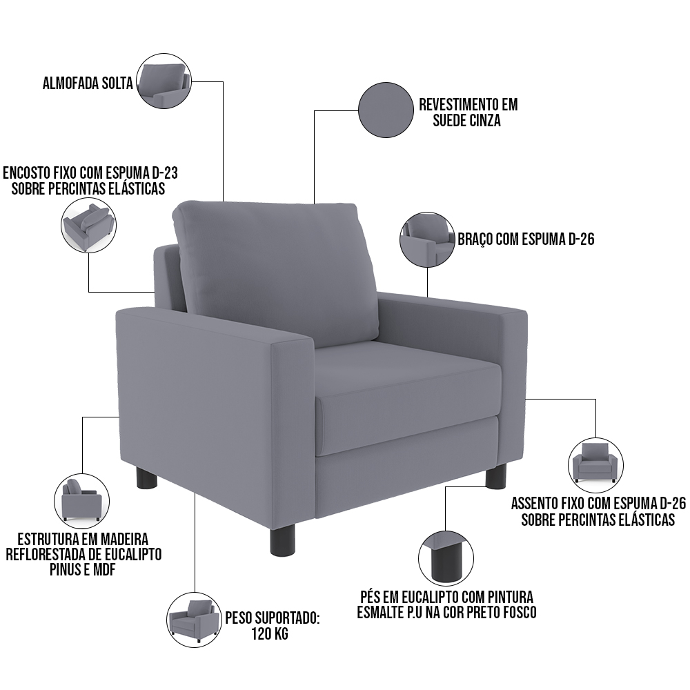 Kit 02 Poltronas Decorativas Para Sala De Estar E Recepção Malta L02 Suede Cinza - Lyam Decor