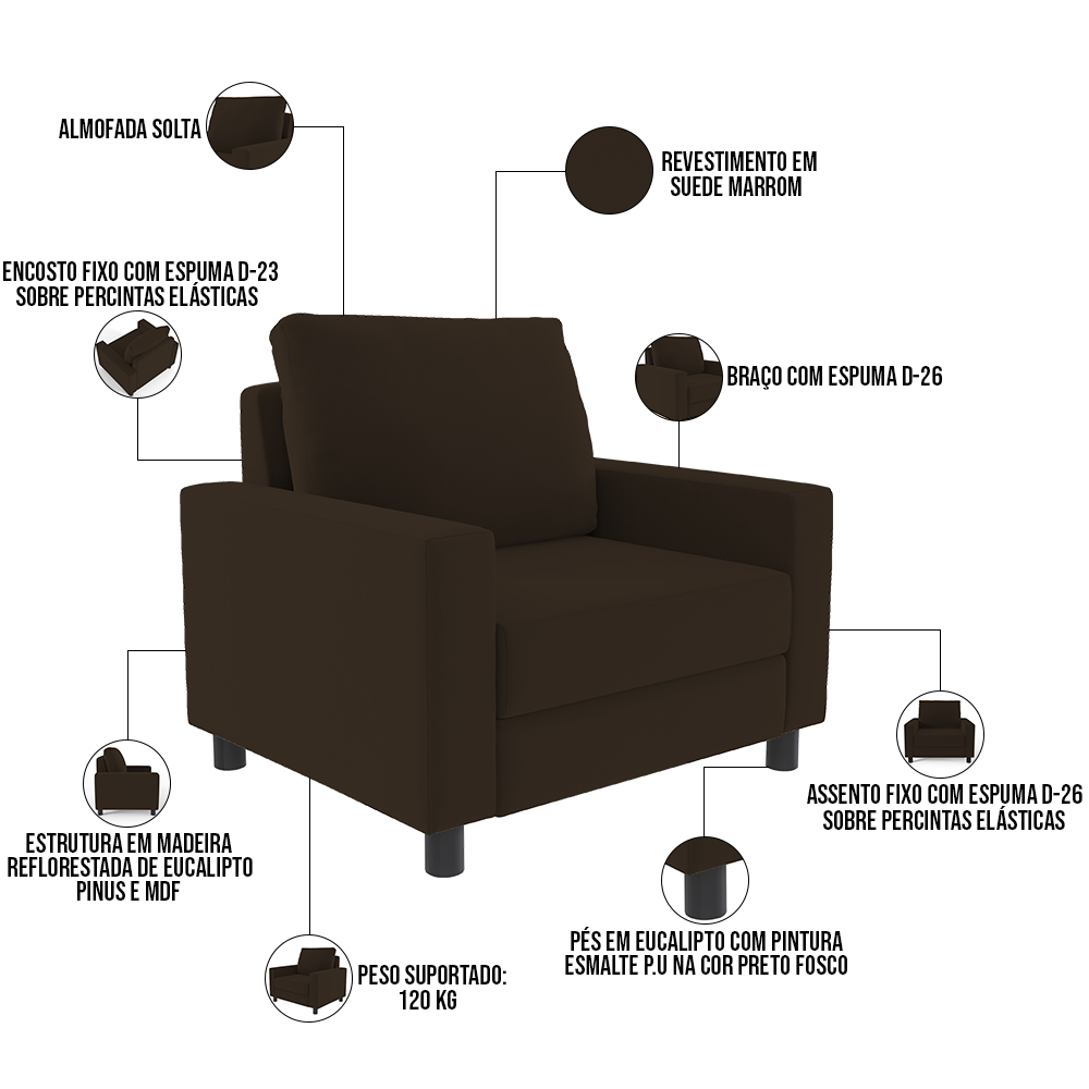 Kit 02 Poltronas Decorativas Para Sala De Estar E Recepção Malta L02 Suede Marrom - Lyam Decor