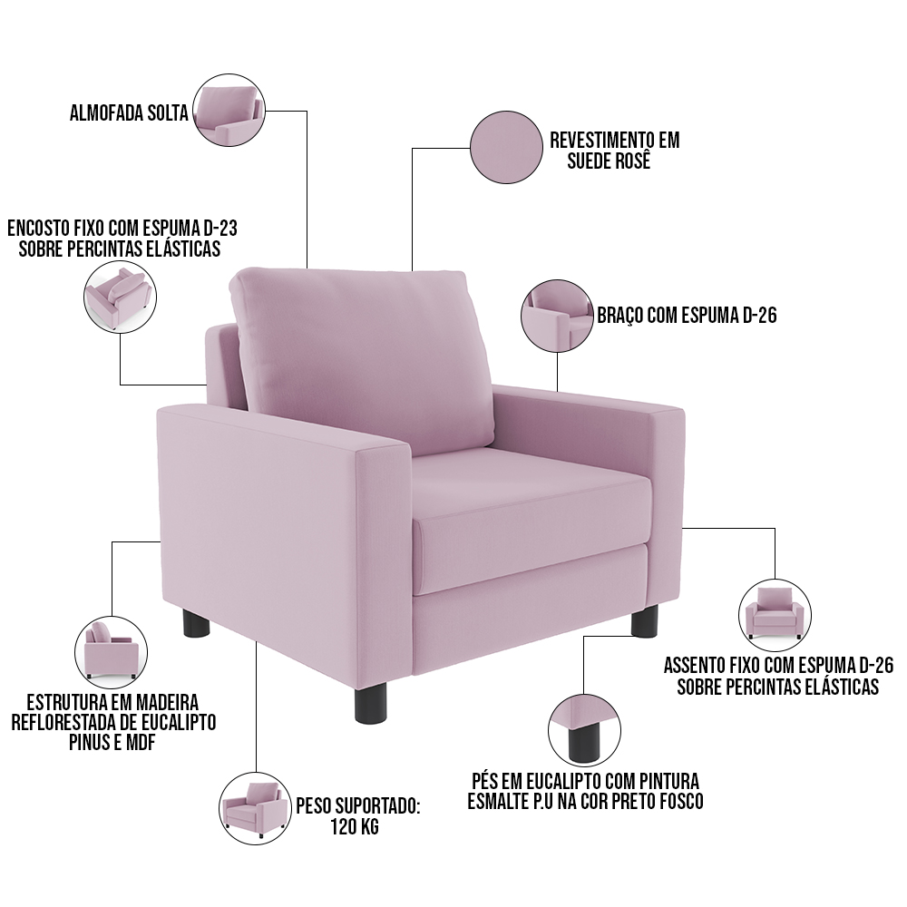 Kit 02 Poltronas Decorativas Para Sala De Estar E Recepção Malta L02 Suede Rosê - Lyam Decor