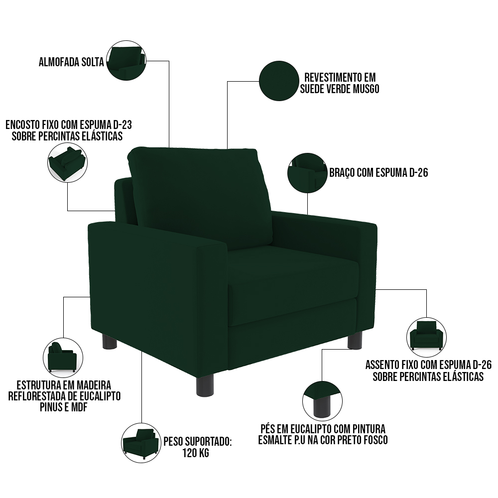 Kit 02 Poltronas Decorativas Para Sala De Estar E Recepção Malta L02 Suede Verde Musgo - Lyam Decor