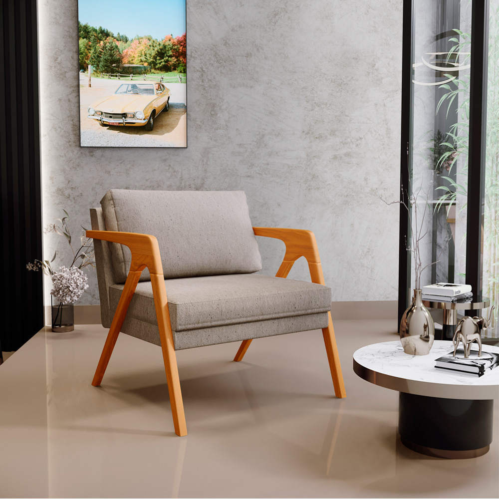 Kit 02 Poltronas Decorativas Para Sala Estar Pietra Estrutura De Madeira L02 Linho Bege - Lyam Decor