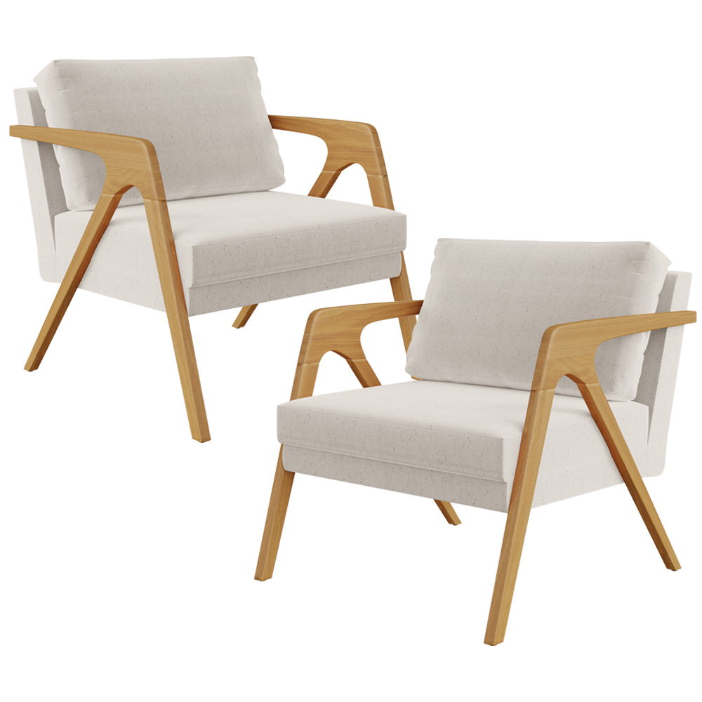 Kit 02 Poltronas Decorativas Para Sala Estar Pietra Estrutura De Madeira L02 Linho Cru - Lyam Decor