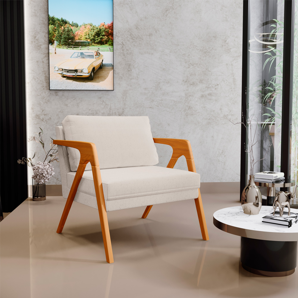 Kit 02 Poltronas Decorativas Para Sala Estar Pietra Estrutura De Madeira L02 Linho Cru - Lyam Decor