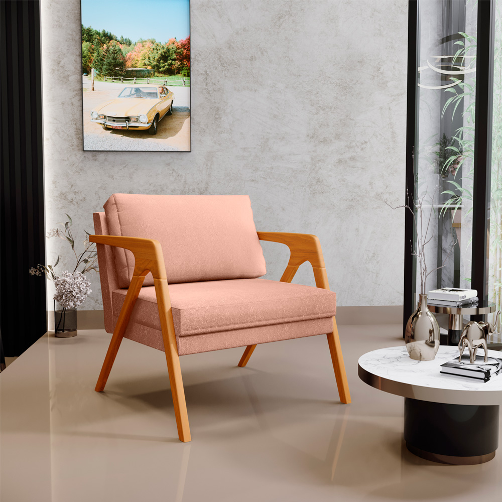 Kit 02 Poltronas Decorativas Para Sala Estar Pietra Estrutura De Madeira L02 Linho Rosê - Lyam Decor