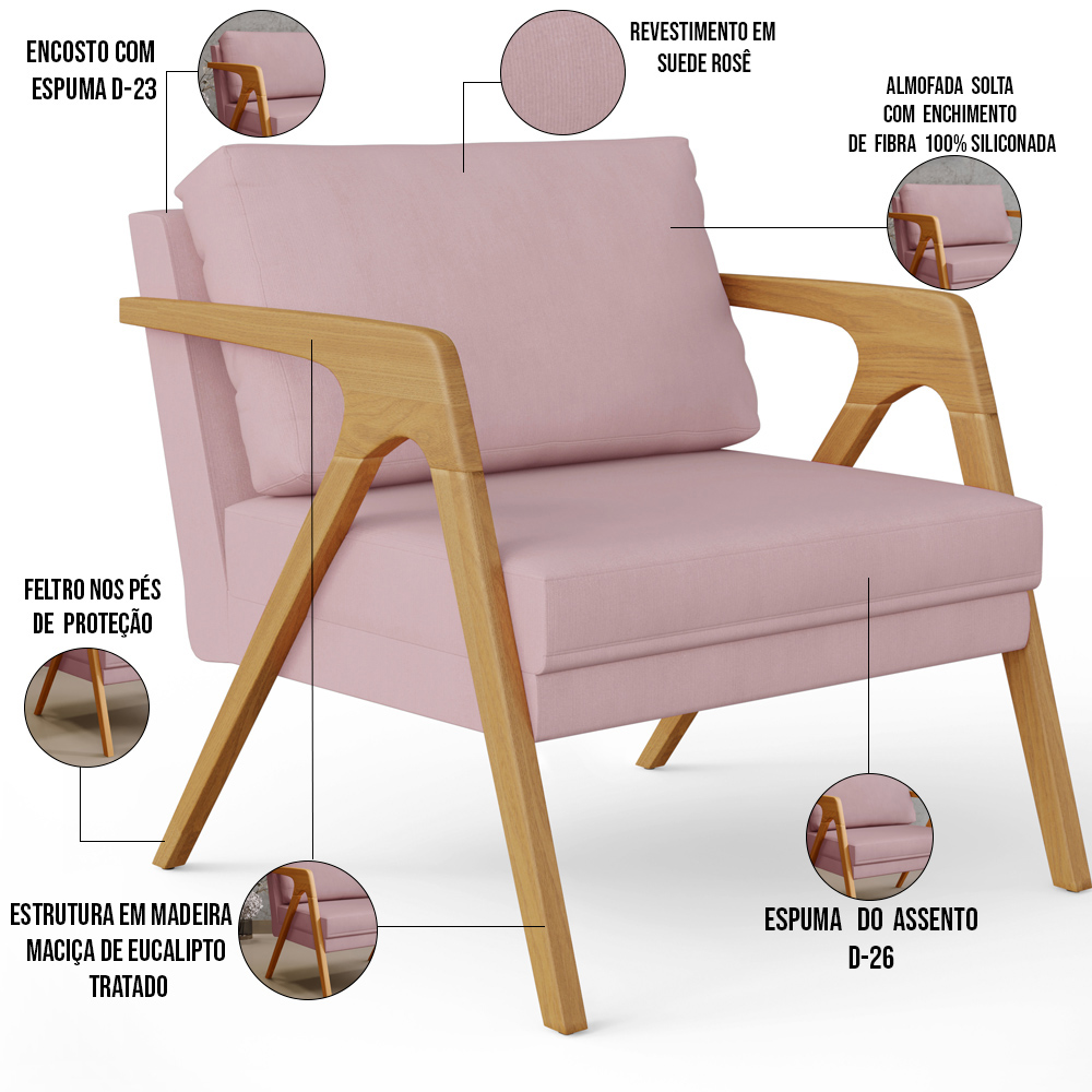 Kit 02 Poltronas Decorativas Para Sala Estar Pietra Estrutura De Madeira L02 Suede Rosê - Lyam Decor