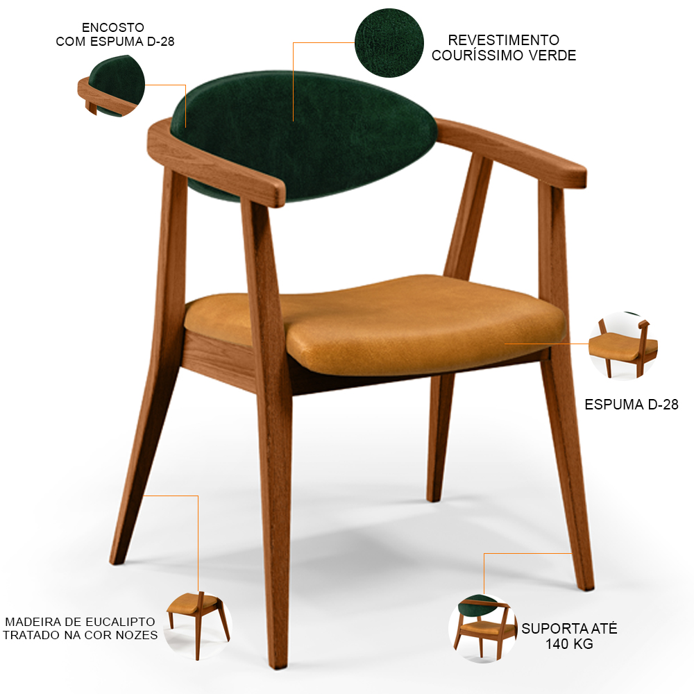 Kit 02 Poltronas Decorativas Para Sala de Estar Cecília L02 Couríssimo Verde Musgo Whisky - Lyam