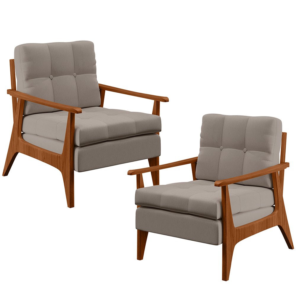 Kit 02 Poltronas Decorativas Para Sala de Estar Encosto Ripado Emília B04 Linho Bege - Lyam Decor