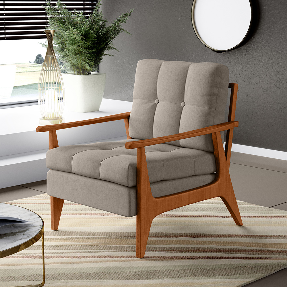 Kit 02 Poltronas Decorativas Para Sala de Estar Encosto Ripado Emília B04 Linho Bege - Lyam Decor