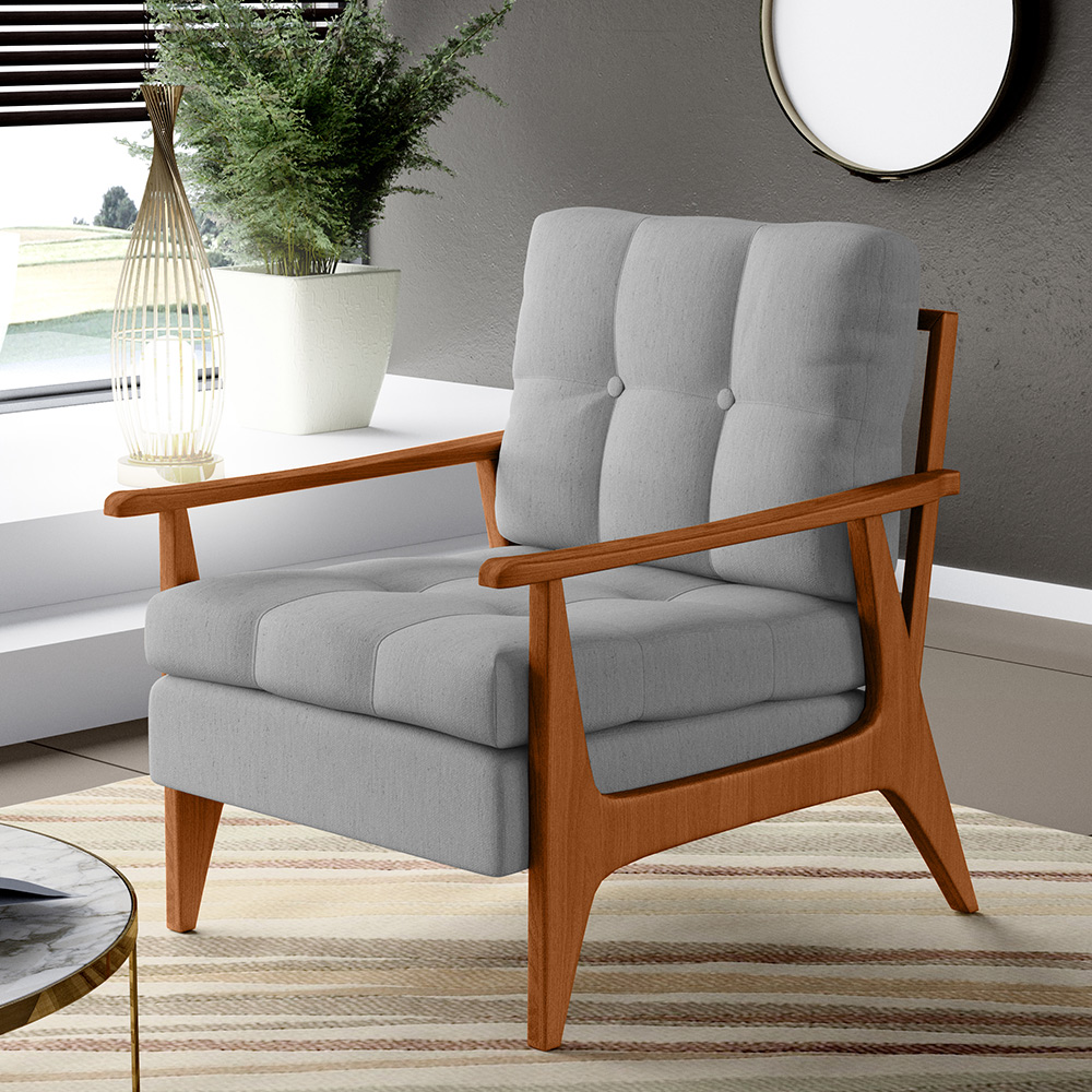 Kit 02 Poltronas Decorativas Para Sala de Estar Encosto Ripado Emília B04 Linho Cinza - Lyam Decor