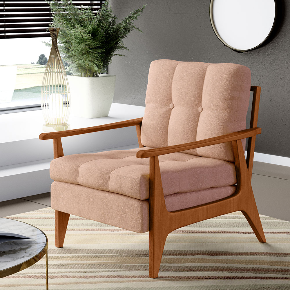 Kit 02 Poltronas Decorativas Para Sala de Estar Encosto Ripado Emília B04 Linho Rosê - Lyam Decor