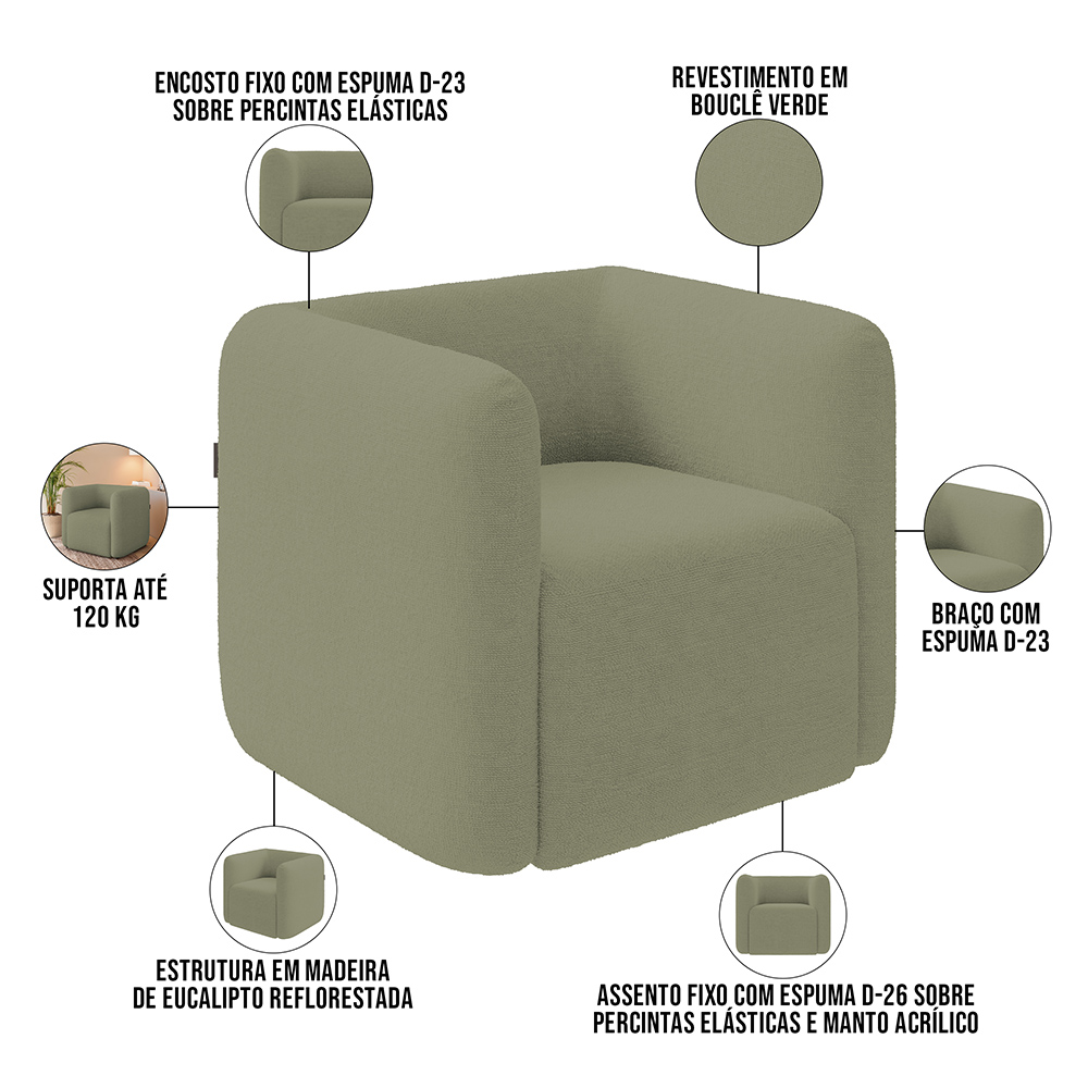Kit 02 Poltronas Decorativas Para Sala de Estar Fixa Living Peônia K01 Bouclê Verde - Lyam Decor