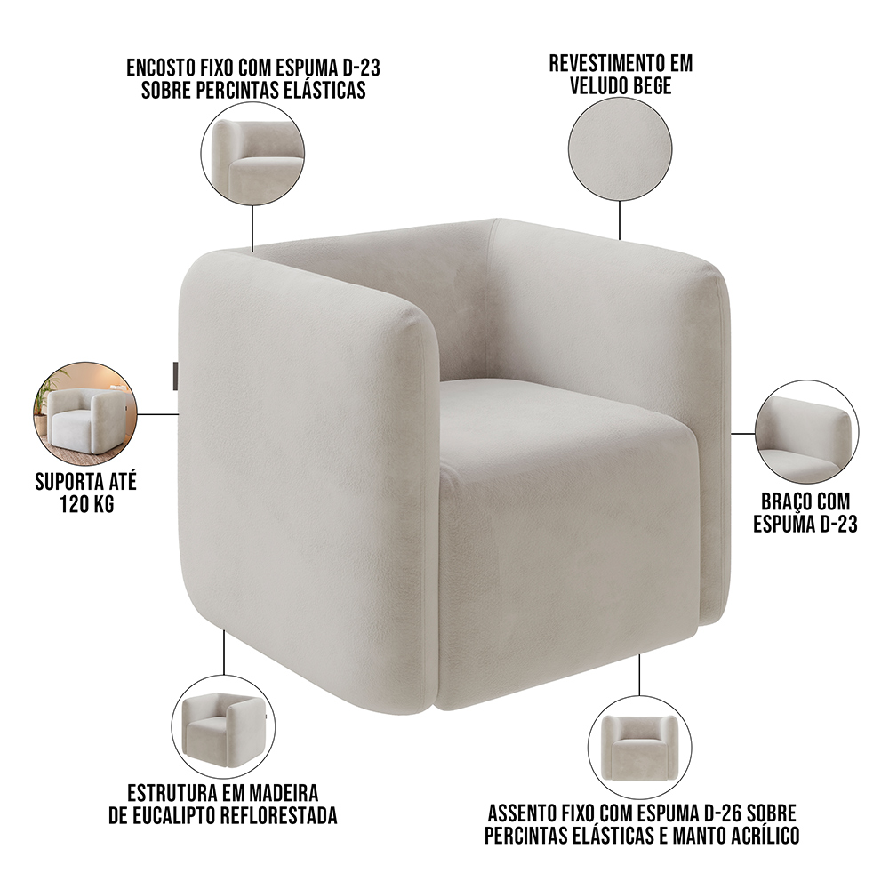 Kit 02 Poltronas Decorativas Para Sala de Estar Fixa Living Peônia K01 Veludo Bege - Lyam Decor