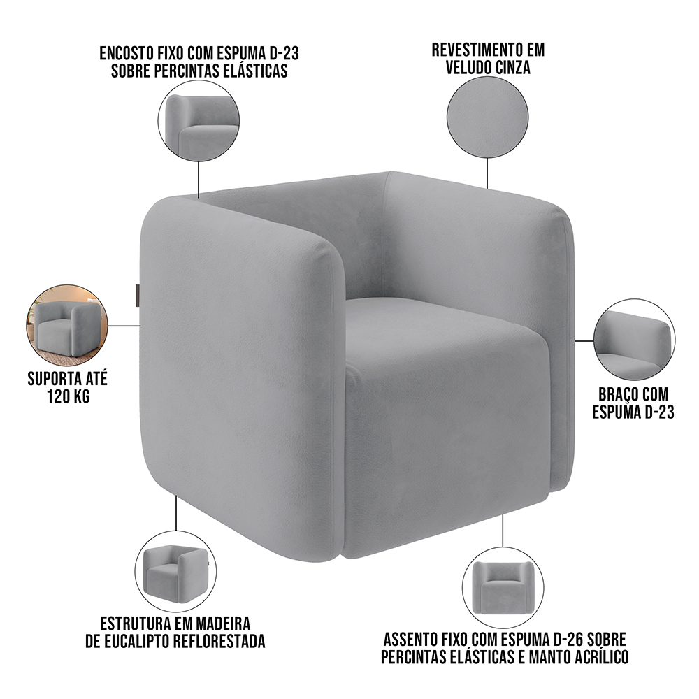 Kit 02 Poltronas Decorativas Para Sala de Estar Fixa Living Peônia K01 Veludo Cinza - Lyam Decor