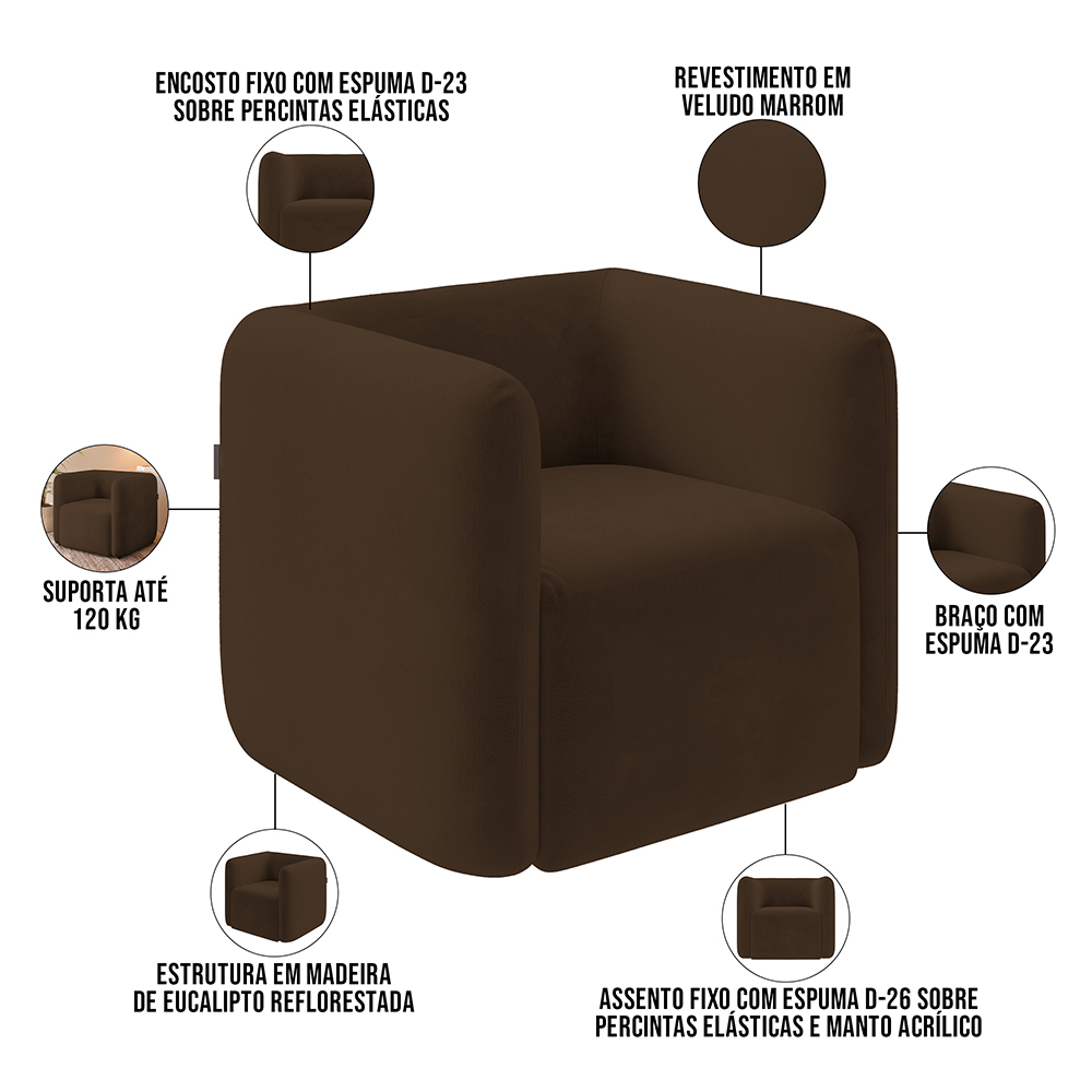 Kit 02 Poltronas Decorativas Para Sala de Estar Fixa Living Peônia K01 Veludo Marrom - Lyam Decor