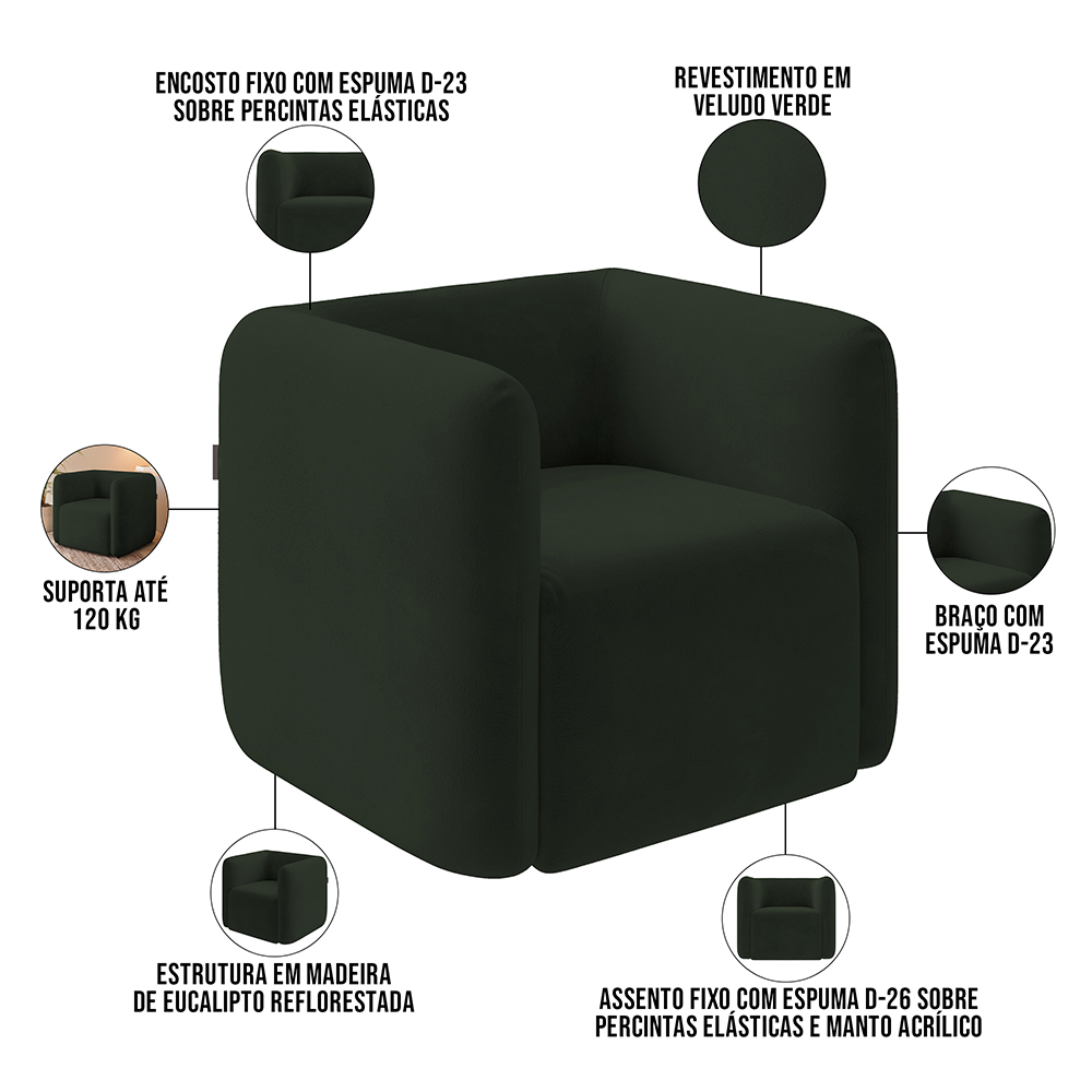 Kit 02 Poltronas Decorativas Para Sala de Estar Fixa Living Peônia K01 Veludo Verde - Lyam Decor