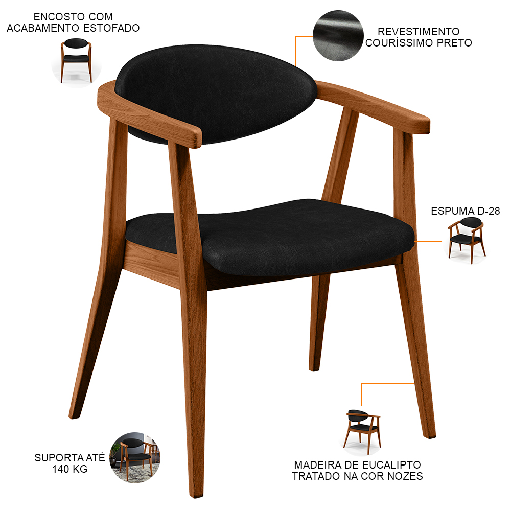 Kit 02 Poltronas Decorativas Para Sala de Estar Jantar Cecília L02 Couríssimo Preto - Lyam Decor
