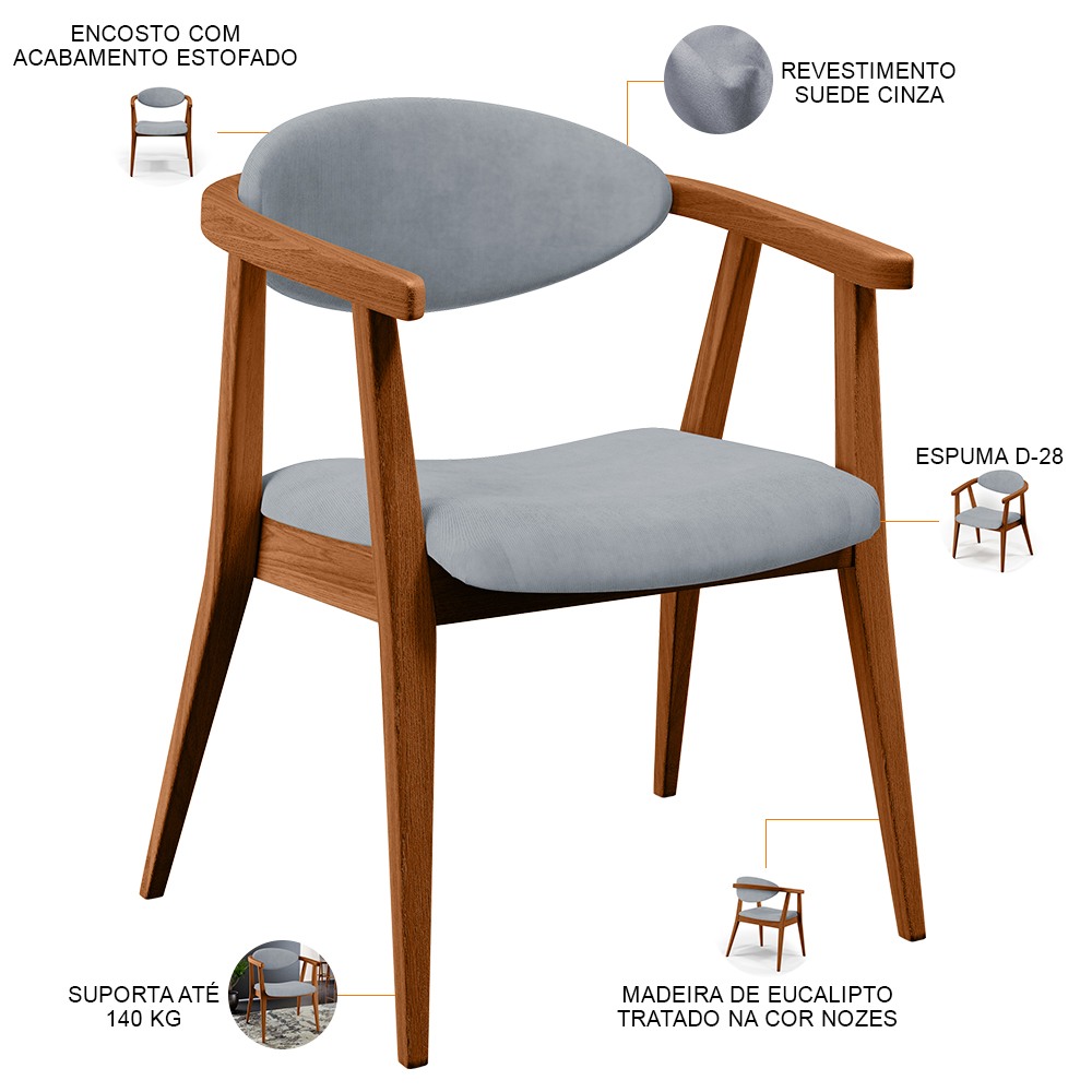 Kit 02 Poltronas Decorativas Para Sala de Estar Jantar Cecília L02 Suede Cinza - Lyam Decor
