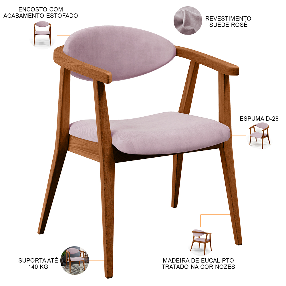 Kit 02 Poltronas Decorativas Para Sala de Estar Jantar Cecília L02 Suede Rosê - Lyam Decor