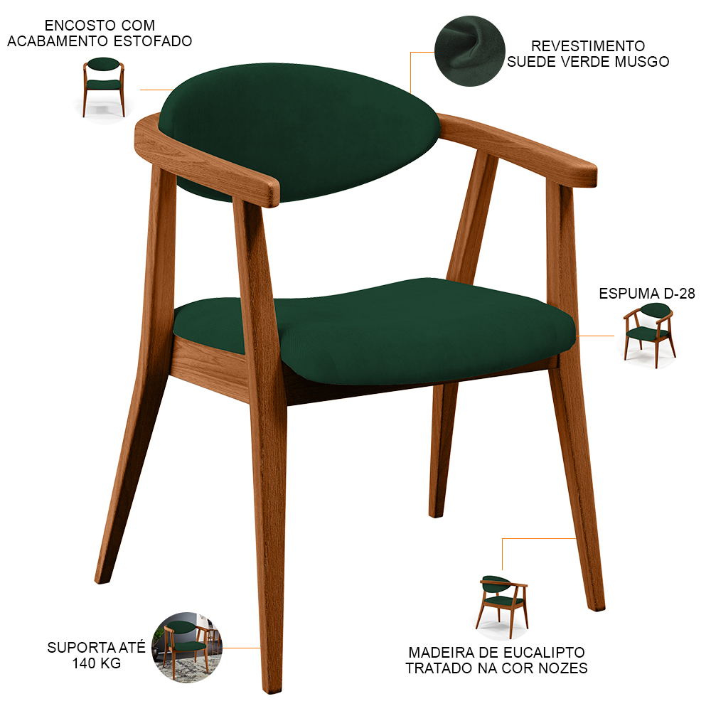 Kit 02 Poltronas Decorativas Para Sala de Estar Jantar Cecília L02 Suede Verde Musgo - Lyam Decor