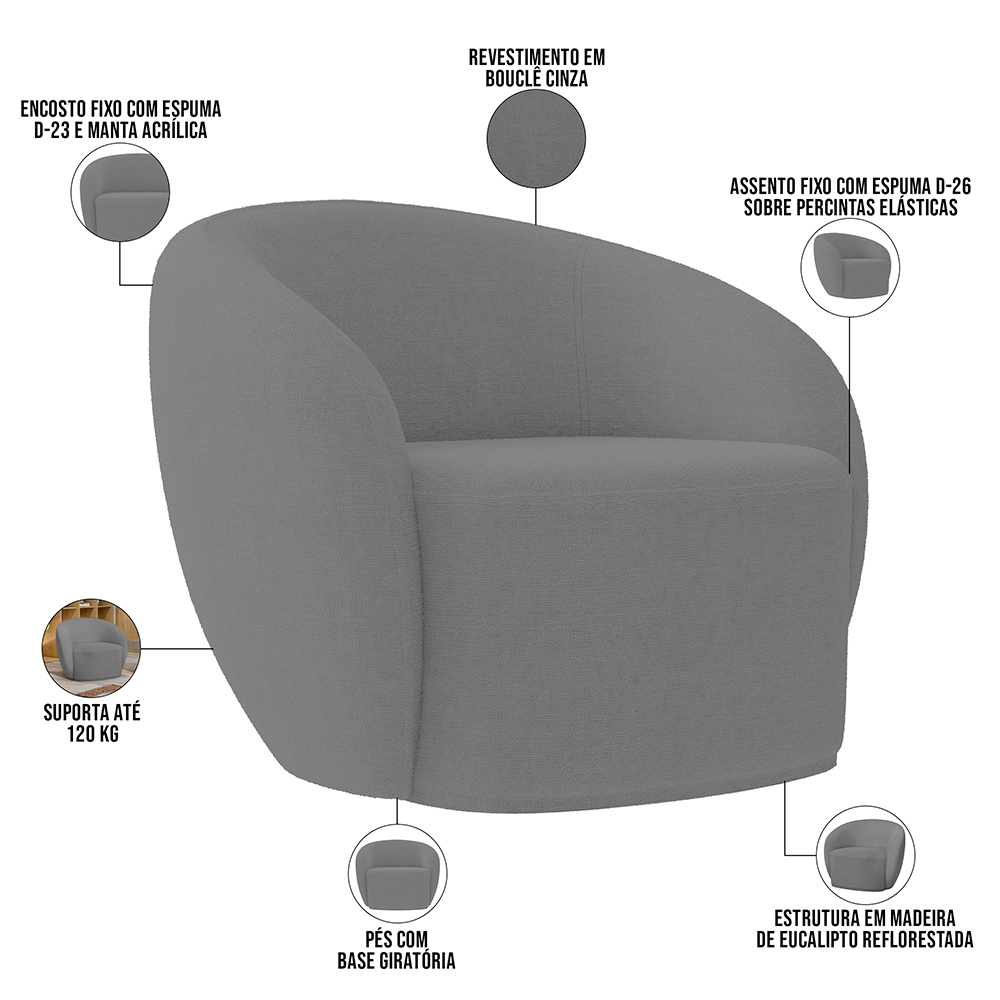 Kit 02 Poltronas Decorativas Para Sala de Estar Living Gliese K01 Bouclê Cinza - Lyam Decor