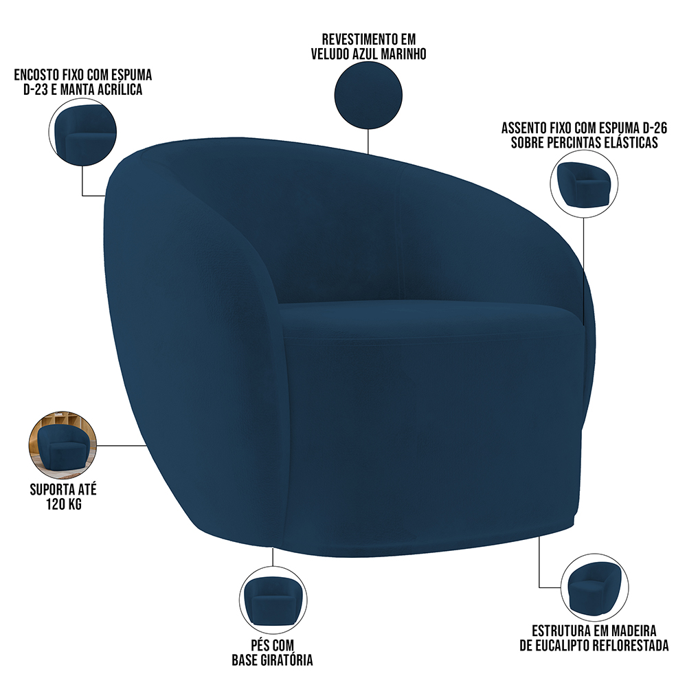 Kit 02 Poltronas Decorativas Para Sala de Estar Living Gliese K01 Veludo Azul Marinho - Lyam Decor