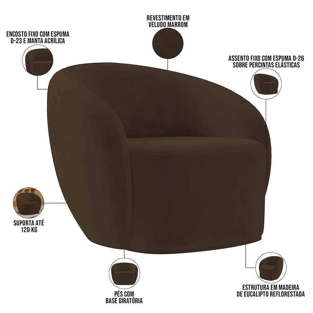 Kit 02 Poltronas Decorativas Para Sala de Estar Living Gliese K01 Veludo Marrom - Lyam Decor