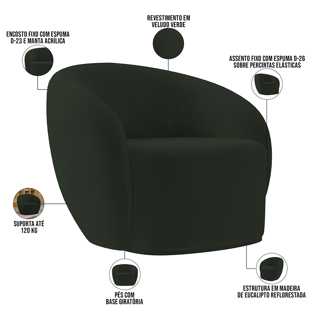 Kit 02 Poltronas Decorativas Para Sala de Estar Living Gliese K01 Veludo Verde - Lyam Decor