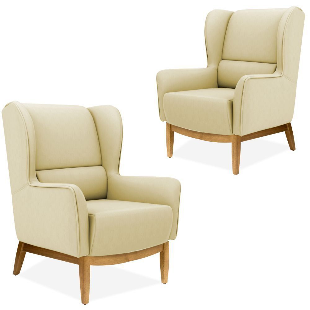 Kit 02 Poltronas Decorativas Para Sala de Estar Milena D02 Base de Madeira Corano Bege C-26 - Lyam Decor